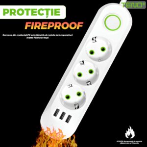 Prelungitor Universal cu 3 Prize, 3 Porturi USB, Suport de Agatare Incorporat, Rezistent la Temperaturi Inalte, 2 Metri, Alb, TENO1276