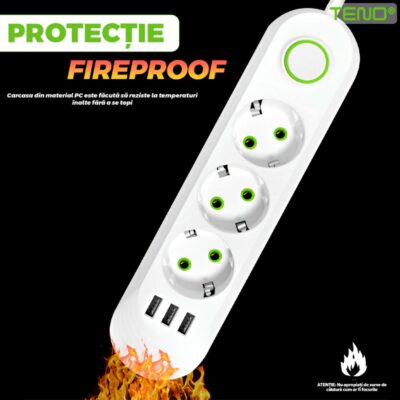 Prelungitor Universal cu 3 Prize, 3 Porturi USB, Suport de Agatare Incorporat, Rezistent la Temperaturi Inalte, 2 Metri, Alb, TENO1276