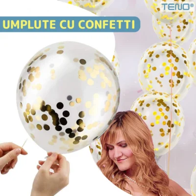 Set 5 Baloane cu Banner, Confetti, Pentru Petreceri/Aniversari/Evenimente, Model Happy Birthday, Albastru, TENO1062