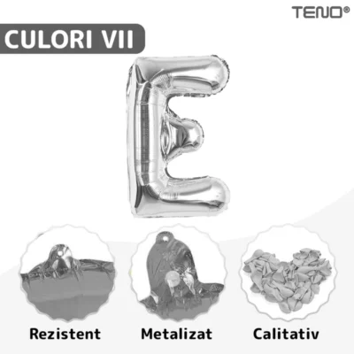 Balon in Forma de Litera E, Metalizat, Pentru Petreceri/Aniversari/Evenimente, 40cm, Rezistent, Folie, Argintiu, TENO1022
