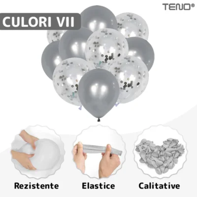 Set 10 Baloane, Confeti, Pentru Petreceri/Aniversari/Evenimente, O Singura Dimensiune, 2 Culori, Latex, Argintiu, TENO770
