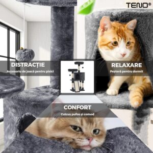 Ansamblu de Joaca Pentru Pisici cu 2 Platforme de Observatie, 3 Niveluri, Scara, Franghie si Mingiute, Stalpi Pentru Zgariat, 115 cm, TENO630