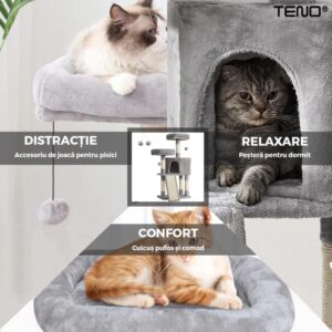 Ansamblu de Joaca Pentru Pisici, 2 Platforme de Observatie, 3 Niveluri, Franghie si Mingiute, Stalpi Pentru Zgariat, 115 cm, TENO623