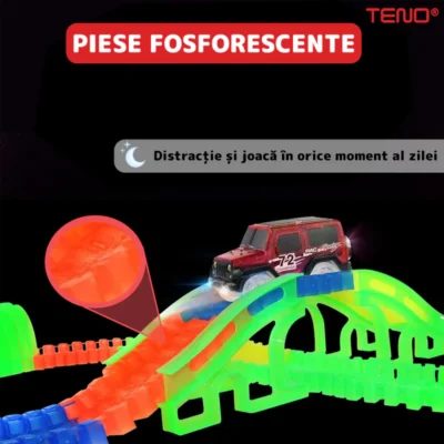 Circuit Masinute, 56 Piese, Pista Iluminata Configurabila, Fosforescenta, Masinuta cu Lumina Rosie, Multicolor, TENO517