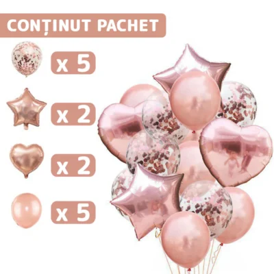 Set 14 Baloane, Confeti, Pentru Petreceri/Aniversari/Evenimente, Stea/Inima/Rotunde, 3 Culori, Latex, Rose Gold, TENO304
