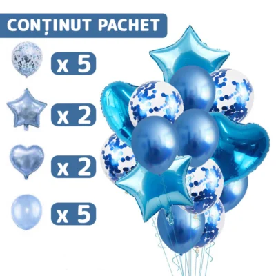 Set 14 Baloane, Confeti, Pentru Petreceri/Aniversari/Evenimente, Stea/Inima/Rotunde, 3 Culori, Latex, Albastru, TENO303