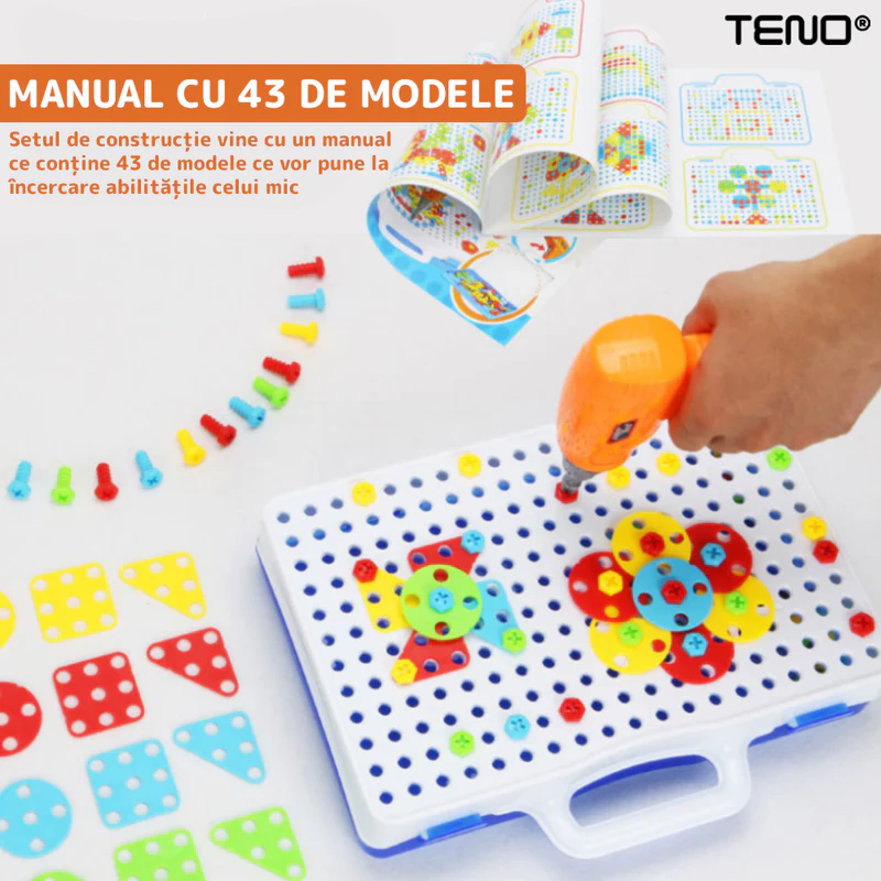 Jucarie Educativa si Interactiva 4in1, 237 Piese, Bormasina Pentru Inginerie, Puzzle 3D/2D, Dezvoltare STEM, Montessori, Multicolor, TENO514
