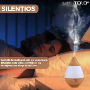 Difuzor Aromaterapie, Umidificator Silentios, 7 Culori LED cu Lumini Dinamice, Buton on/off, 235ml, Stejar Deschis, TENO214