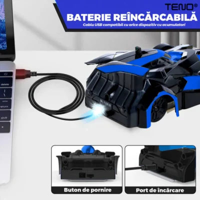 Masinuta Antigravitationala cu Telecomanda, Urcare pe Pereti si Tavan, Rotire 360 Grade, Senzor Infrarosu, Incarcare USB, Telecomanda Intuitiva, Albastru/Negru, TENO1428