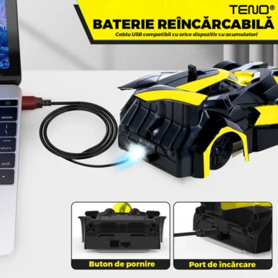 Masinuta Antigravitationala cu Telecomanda, Urcare pe Pereti si Tavan, Rotire 360 Grade, Senzor Infrarosu, Incarcare USB, Telecomanda Intuitiva, Galben/Negru, TENO1427