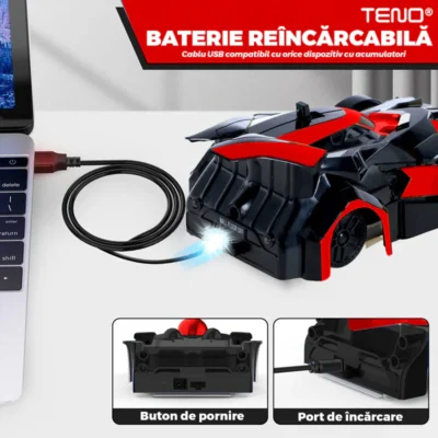 Masinuta Antigravitationala cu Telecomanda, Urcare pe Pereti si Tavan, Rotire 360 Grade, Senzor Infrarosu, Incarcare USB, Telecomanda Intuitiva, Rosu/Negru, TENO1416