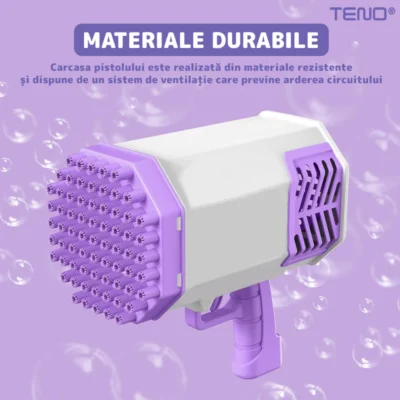 Pistol de Facut Baloane, Tip Bazooka, Automat, 34 Orificii Pentru Bule, Alimentare cu Baterii, Mov/Alb, TENO1215