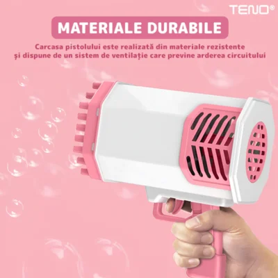 Pistol de Facut Baloane, Tip Bazooka, Automat, 34 Orificii Pentru Bule, Alimentare cu Baterii, Roz/Alb, TENO1214