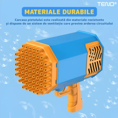 Pistol de Facut Baloane, Tip Bazooka, Automat, 34 Orificii Pentru Bule, Alimentare cu Baterii, Albastru/Galben, TENO1213