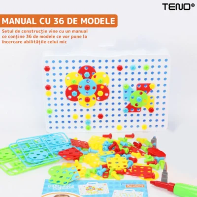 Jucarie Educativa si Interactiva 4in1, 234 Piese, Unelte Pentru Inginerie, Puzzle 3D/2D, Dezvoltare STEM, Montessori, Multicolor, TENO513