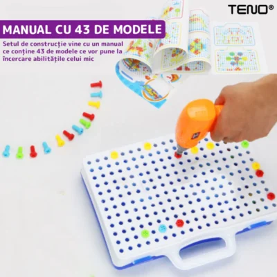 Jucarie Educativa si Interactiva 4in1, 198 Piese, Bormasina Pentru Inginerie, Puzzle 3D/2D, Dezvoltare STEM, Montessori, Multicolor, TENO512