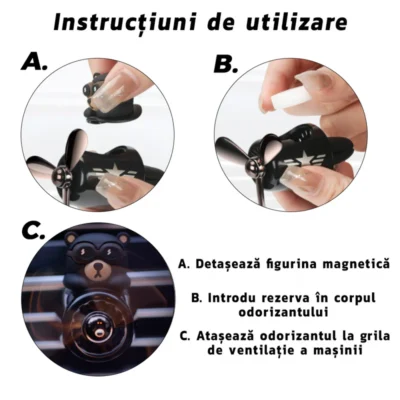 Difuzor Auto Aromaterapie, Car Pilot Bear, Kit Odorizant, 2 Arome cu Extracte Naturale Incluse, TENO337