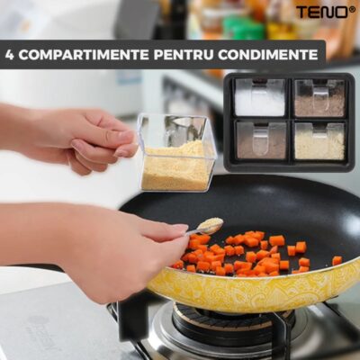 Organizator Multifunctional Pentru Bucatarie cu 4 Compartimente, Raft Condimente, Tavita de Scurgere, Suport Tacamuri/Ustensile, TENO534