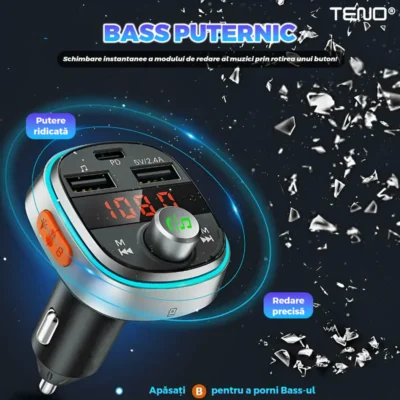 Modulator FM Auto, Bluetooth 5.0, Functie de Dubla Incarcare, Afisare Voltaj Baterie, Transmitator FM, 3 Porturi USB Type-C, Capacitate Memorie 32 GB, Ecran LED, TENO1291