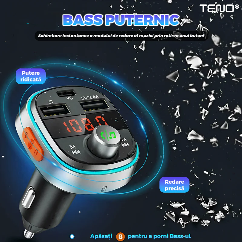 Modulator FM Auto, Bluetooth 5.0, Functie de Dubla Incarcare, Afisare Voltaj Baterie, Transmitator FM, 3 Porturi USB Type-C, Capacitate Memorie 32 GB, Ecran LED, TENO1291