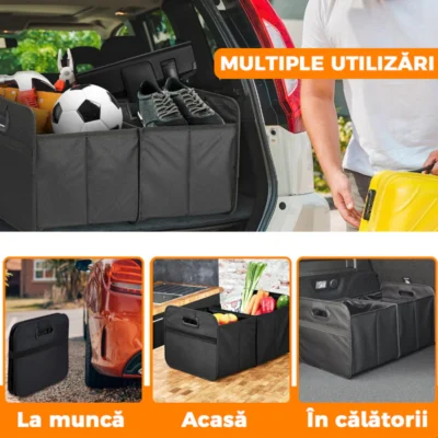 Organizator Auto Portabil Pentru Portbagaj, 2 Compartimente, Pliabil, Elastic de Prindere, Multifunctional, Universal, TENO294