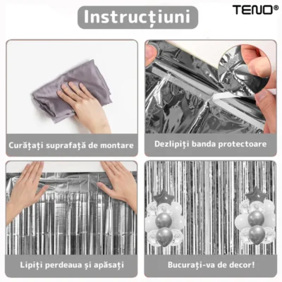 Set 2 Bucati Perdea Decorativa Din Folie Argintiu Metalizat, Pentru Petreceri Aniversare, TENO324