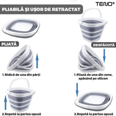 Galeata Pliabila, Rezistenta, Usor de Depozitat, Compacta, Capacitate 10 L, Gri, TENO665