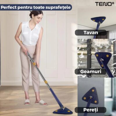 Mop Telescopic cu Cap Triunghiular, Rotire 360 Grade, 5 Lavete Incluse, 127 cm, Albastru/Galben, TENO464