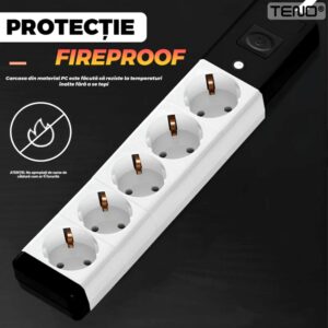 Prelungitor Universal cu 5 Prize, Suport de Agatare Incorporat, Rezistent la Temperaturi Inalte, 5 Metri, Negru/Alb, TENO1281