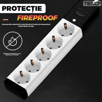 Prelungitor Universal cu 5 Prize, Suport de Agatare Incorporat, Rezistent la Temperaturi Inalte, 5 Metri, Negru/Alb, TENO1281