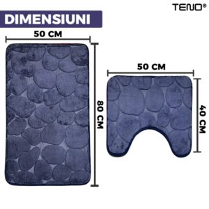 Set 2 Covorase de Baie, Anti-Derapante, Material Moale, Model Pietre, 80x50 / 50x40cm, Bleumarin, TENO1014