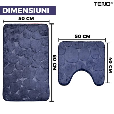 Set 2 Covorase de Baie, Anti-Derapante, Material Moale, Model Pietre, 80x50 / 50x40cm, Bleumarin, TENO1014