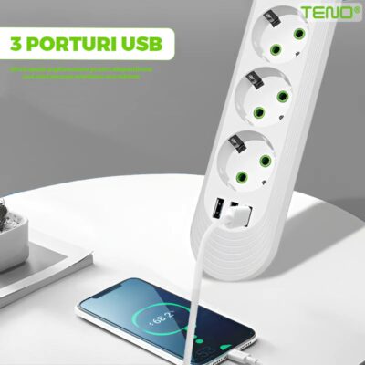 Prelungitor Universal cu 3 Prize, 3 Porturi USB, Suport de Agatare Incorporat, Rezistent la Temperaturi Inalte, 2 Metri, Alb, TENO1276