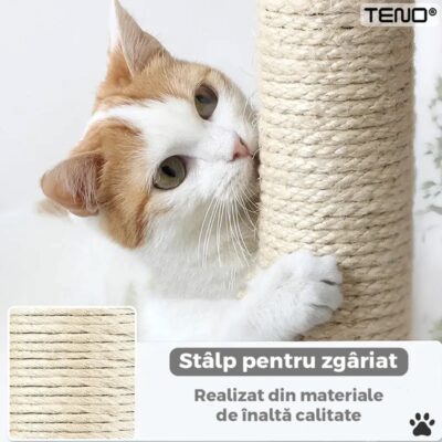 Ansamblu de Joaca Pentru Pisici, 2 Platforme de Observatie, 3 Niveluri, Franghie si Mingiute, Stalpi Pentru Zgariat, 115 cm, TENO623