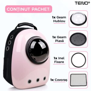 Rucsac Transport Animale, Greutate Max 7kg, Hublou Transparent, Buzunar Lateral, Accesorii Incluse, Talie Mica, Roz, TENO23