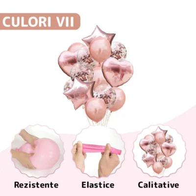 Set 14 Baloane, Confeti, Pentru Petreceri/Aniversari/Evenimente, Stea/Inima/Rotunde, 3 Culori, Latex, Rose Gold, TENO304