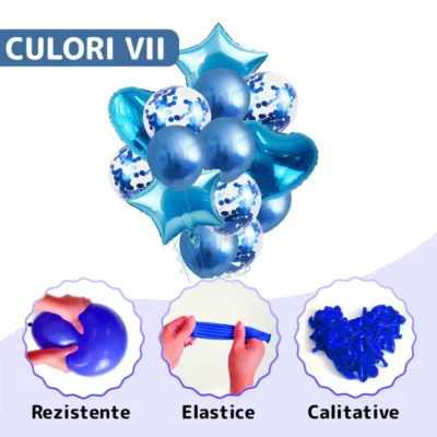 Set 14 Baloane, Confeti, Pentru Petreceri/Aniversari/Evenimente, Stea/Inima/Rotunde, 3 Culori, Latex, Albastru, TENO303