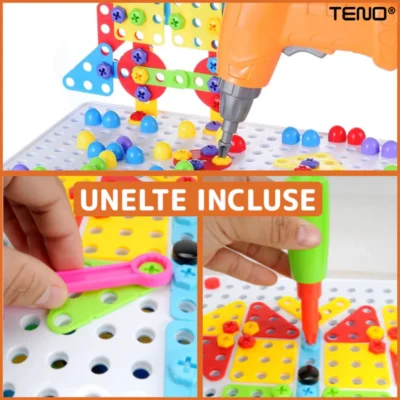 Jucarie Educativa si Interactiva 4in1, 237 Piese, Bormasina Pentru Inginerie, Puzzle 3D/2D, Dezvoltare STEM, Montessori, Multicolor, TENO514