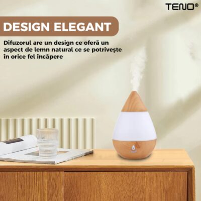 Difuzor Aromaterapie, Umidificator Silentios, 7 Culori LED cu Lumini Dinamice, Buton on/off, 235ml, Stejar Deschis, TENO214