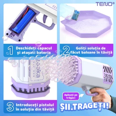 Pistol de Facut Baloane, Tip Bazooka, Automat, 34 Orificii Pentru Bule, Alimentare cu Baterii, Mov/Alb, TENO1215