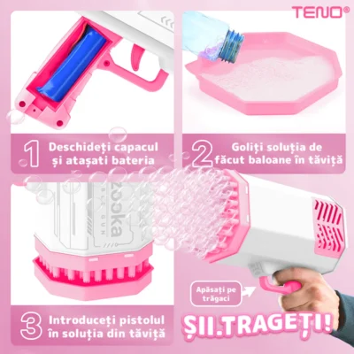 Pistol de Facut Baloane, Tip Bazooka, Automat, 34 Orificii Pentru Bule, Alimentare cu Baterii, Roz/Alb, TENO1214
