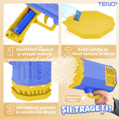 Pistol de Facut Baloane, Tip Bazooka, Automat, 34 Orificii Pentru Bule, Alimentare cu Baterii, Albastru/Galben, TENO1213