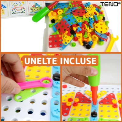 Jucarie Educativa si Interactiva 4in1, 234 Piese, Unelte Pentru Inginerie, Puzzle 3D/2D, Dezvoltare STEM, Montessori, Multicolor, TENO513