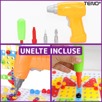 Jucarie Educativa si Interactiva 4in1, 198 Piese, Bormasina Pentru Inginerie, Puzzle 3D/2D, Dezvoltare STEM, Montessori, Multicolor, TENO512