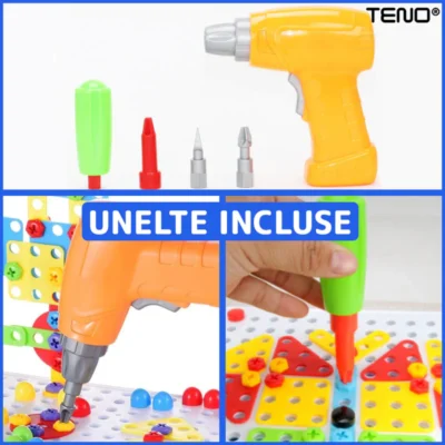 Jucarie Educativa si Interactiva 4in1, 151 Piese, Bormasina Pentru Inginerie, Puzzle 3D/2D, Dezvoltare STEM, Montessori, Multicolor, TENO511