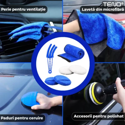 Set Premium 26 Piese Detailing Auto, 5 Pensule Detaliu, Burete Aplicator,Laveta Microfibra, Perii Aer Conditionat, Perii de Zimtate, Manusa Din Microfibra Fata-Verso, TENO677