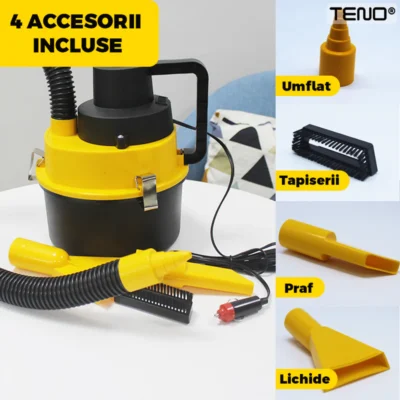 Aspirator Auto Portabil, Capacitate 3 Litri, 120W, Alimentare Bricheta Auto 12V, Aspirare Umed si Uscat, 4 Accesorii Incluse, TENO359