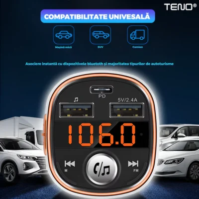 Modulator FM Auto, Bluetooth 5.0, Functie de Dubla Incarcare, Afisare Voltaj Baterie, Transmitator FM, 3 Porturi USB Type-C, Capacitate Memorie 32 GB, Ecran LED, TENO1291
