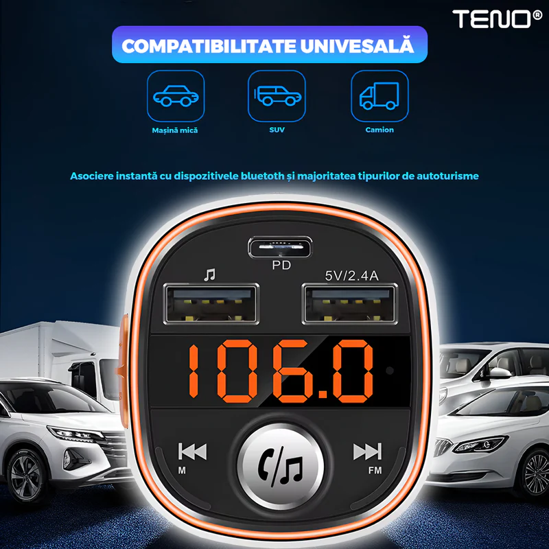 Modulator FM Auto, Bluetooth 5.0, Functie de Dubla Incarcare, Afisare Voltaj Baterie, Transmitator FM, 3 Porturi USB Type-C, Capacitate Memorie 32 GB, Ecran LED, TENO1291