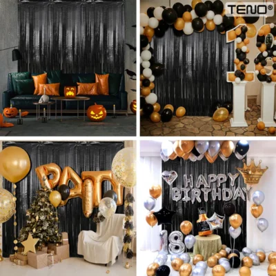 Set 2 Bucati Perdea Decorativa Din Folie Negru Metalizat, Pentru Petreceri Aniversare, TENO325
